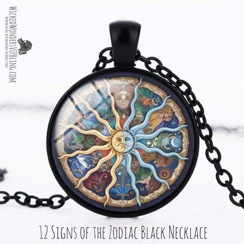12 Signs of the Zodiac Black Necklace