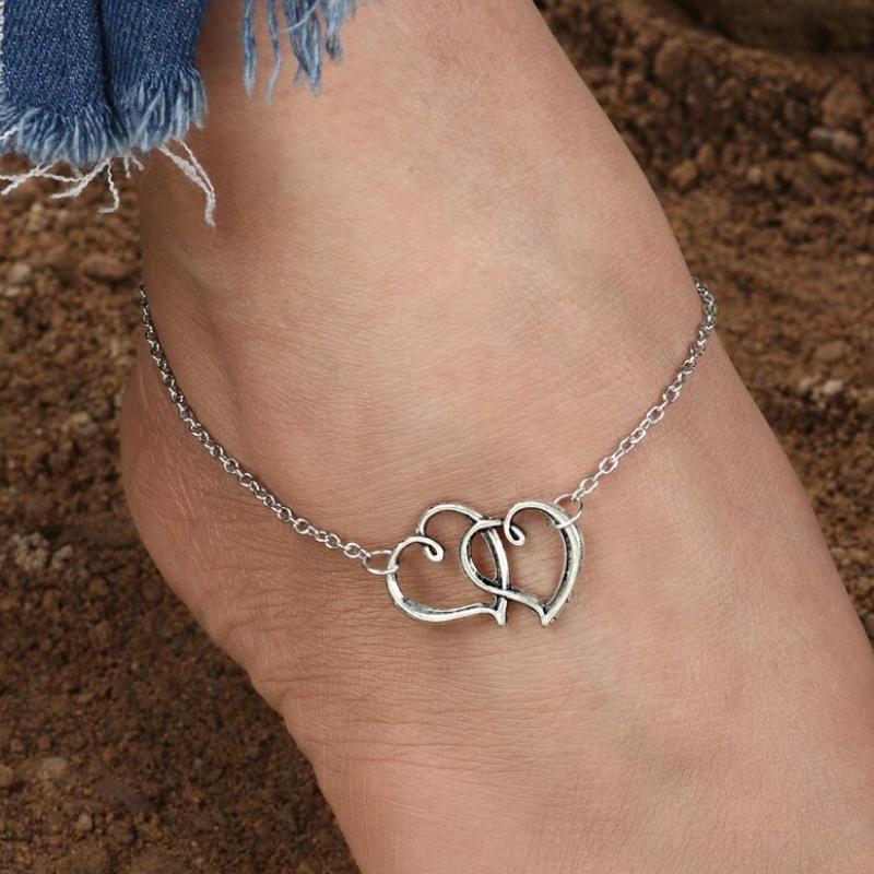 Two Hearts As One Silver Anklet