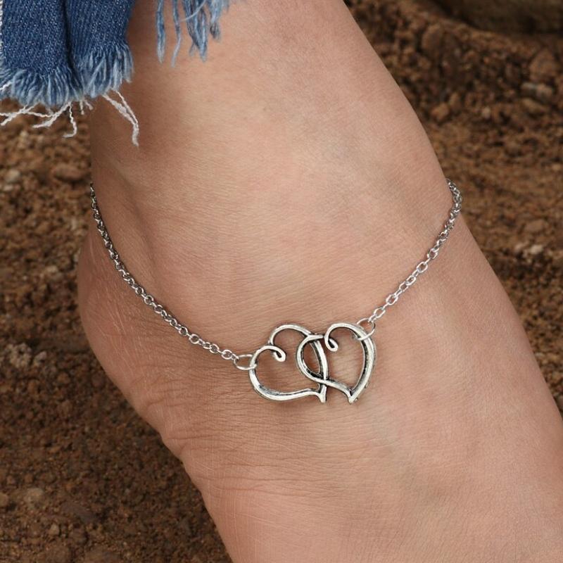 Women's Titanium Stainless Steel Heart Double Chain Anklet – Rose Gold, Adjustable 8.3"-9.7"