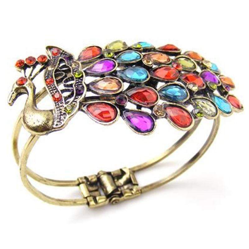 Under the Feather Veil Brass and Multi Gem Hinged Cuff Bracelet