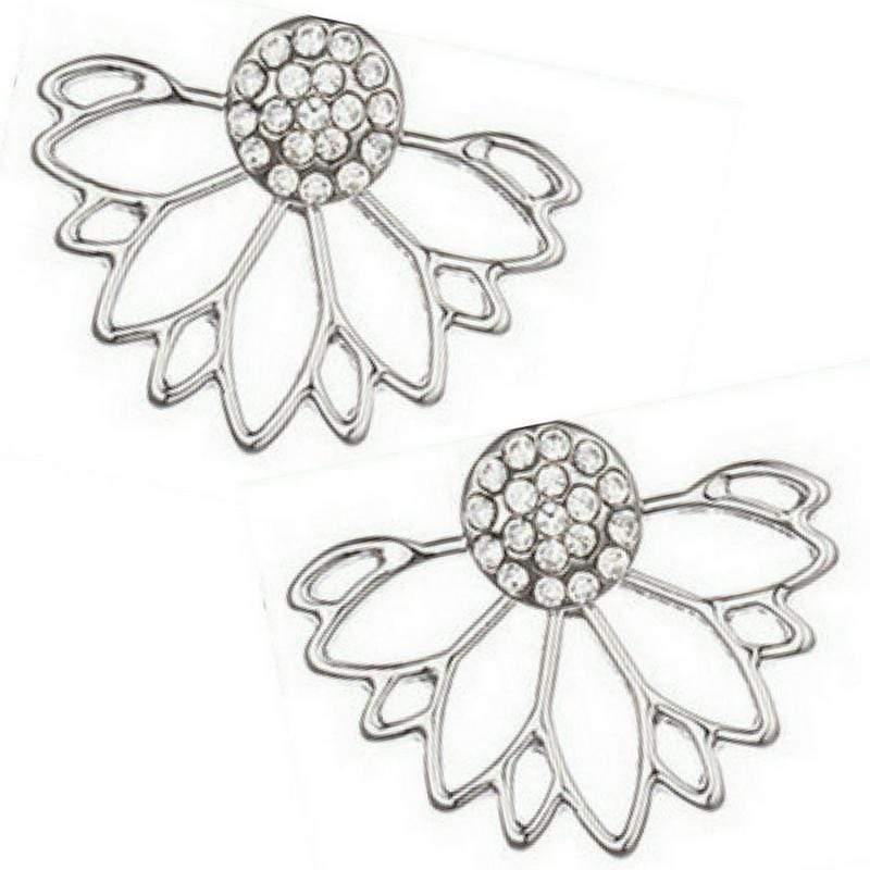 Backed By Floral Silver and White Rhinestone Ear Jacket Earrings