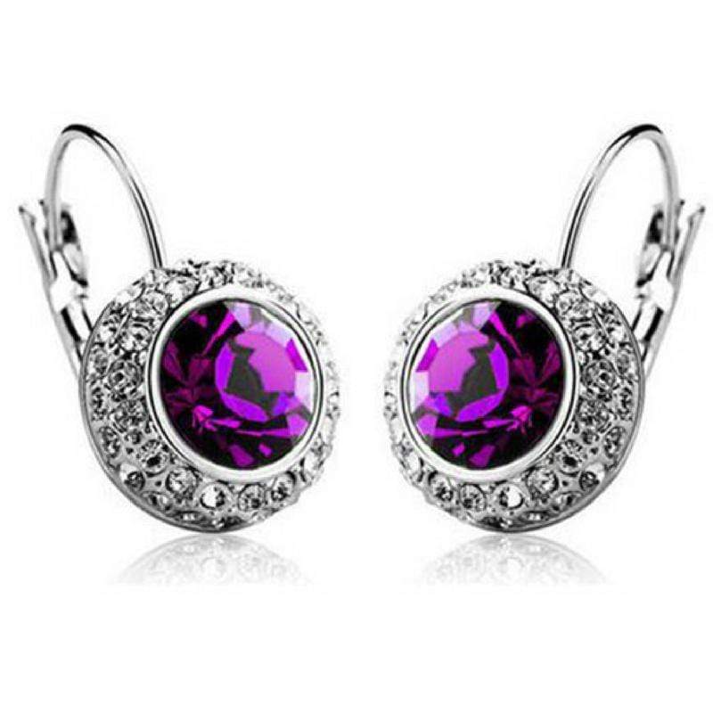 Bejeweled Purple Gem and Rhinestone Click Close Huggie Hoop Earrings
