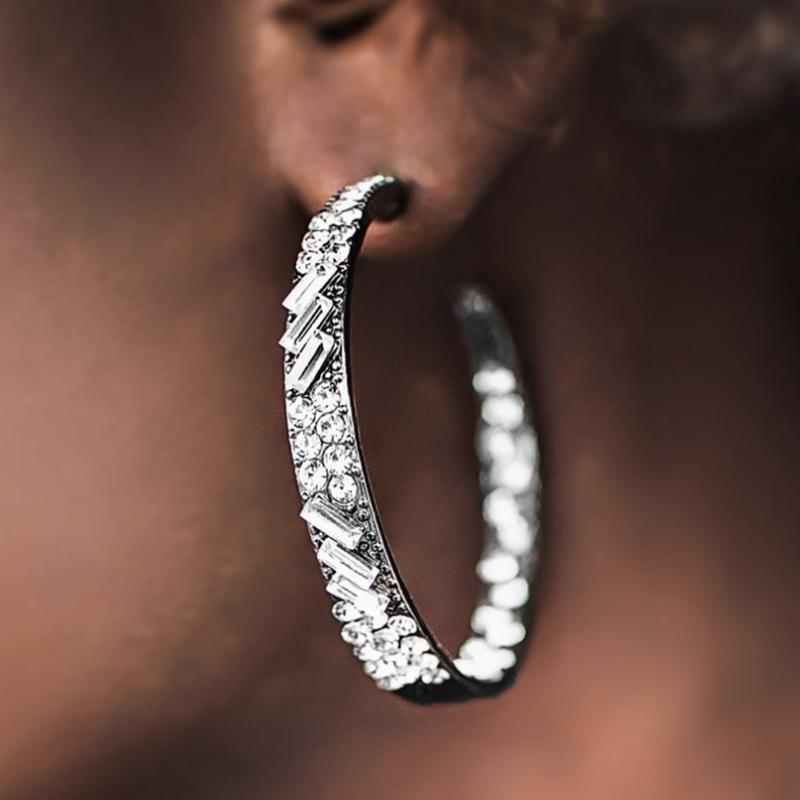 Glitzy by Association Black and White Rhinestone Hoop Earrings