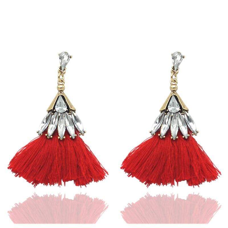 Trixy Tassels Rhinestone and Red Tassel Earrings
