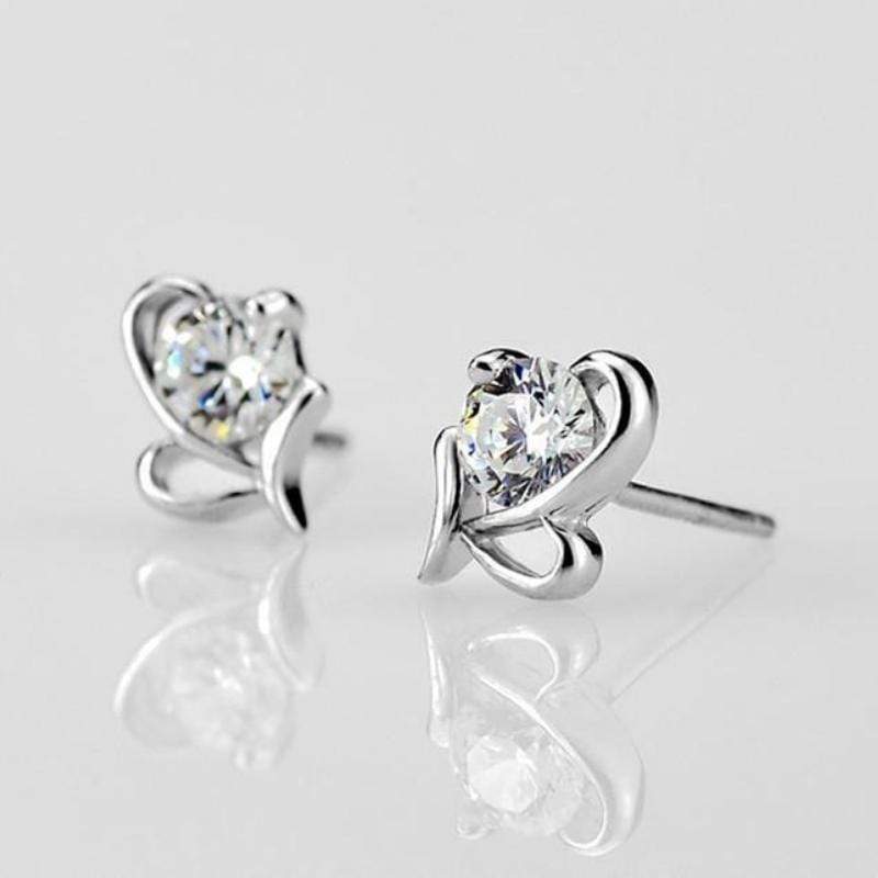 Two of Hearts Silver and White Rhinestone Dainty Post Earrings