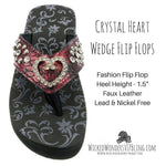 Crystal Heart Wedge Flip Flops Red