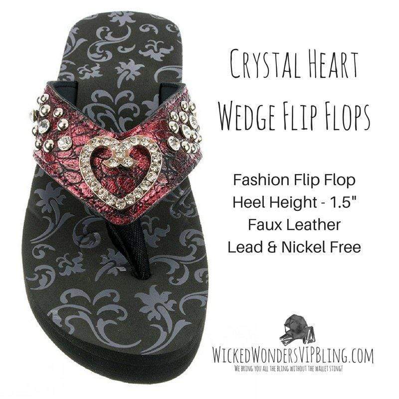 Crystal Heart Wedge Flip Flops Red
