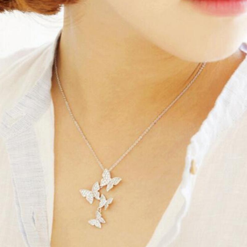 Butterfly Quad Silver Crystal Necklace
