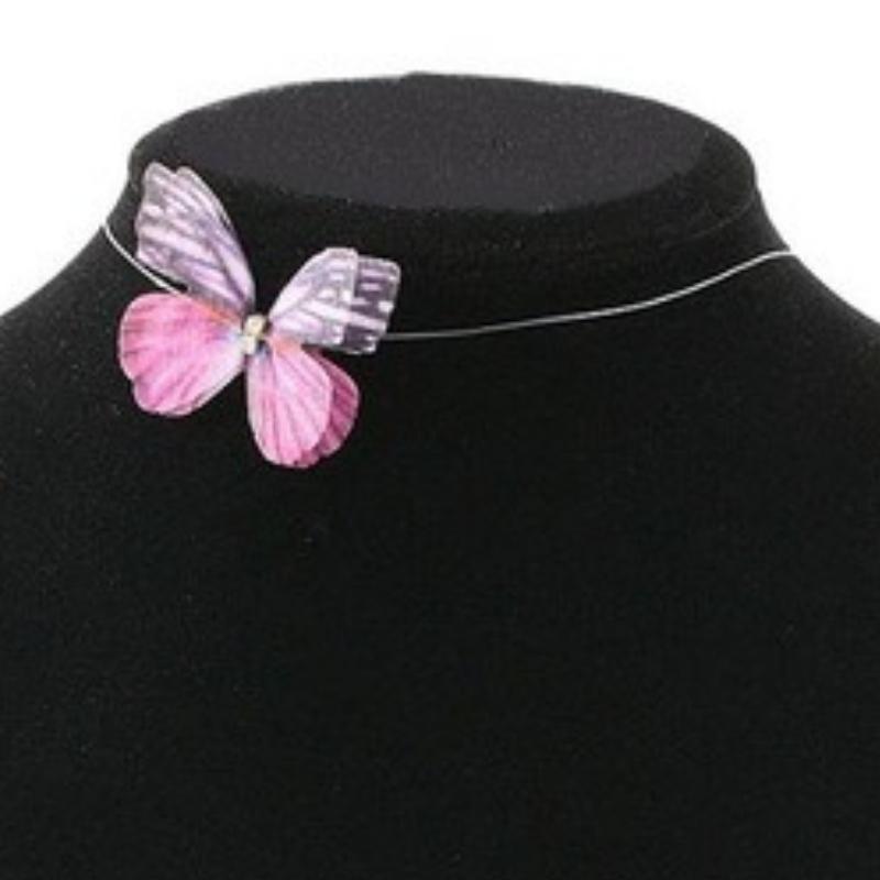Flirty Butterfly Floating Choker Necklace Purple and Pink