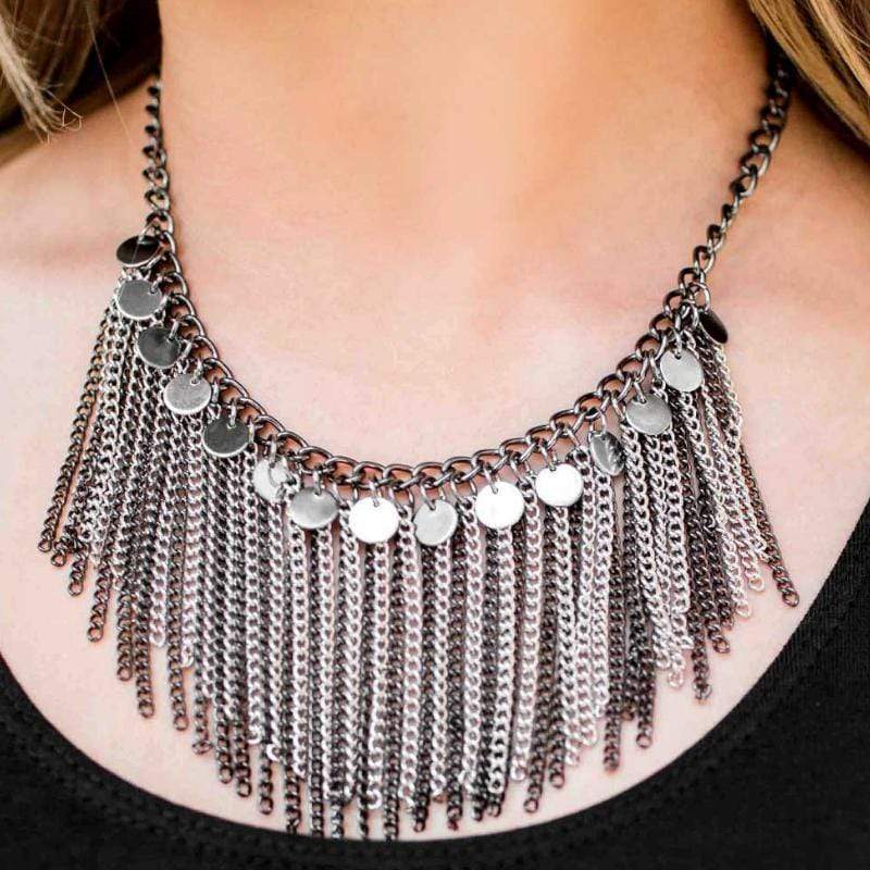 Turn Up the Spotlight Silver and Black Statement Necklace