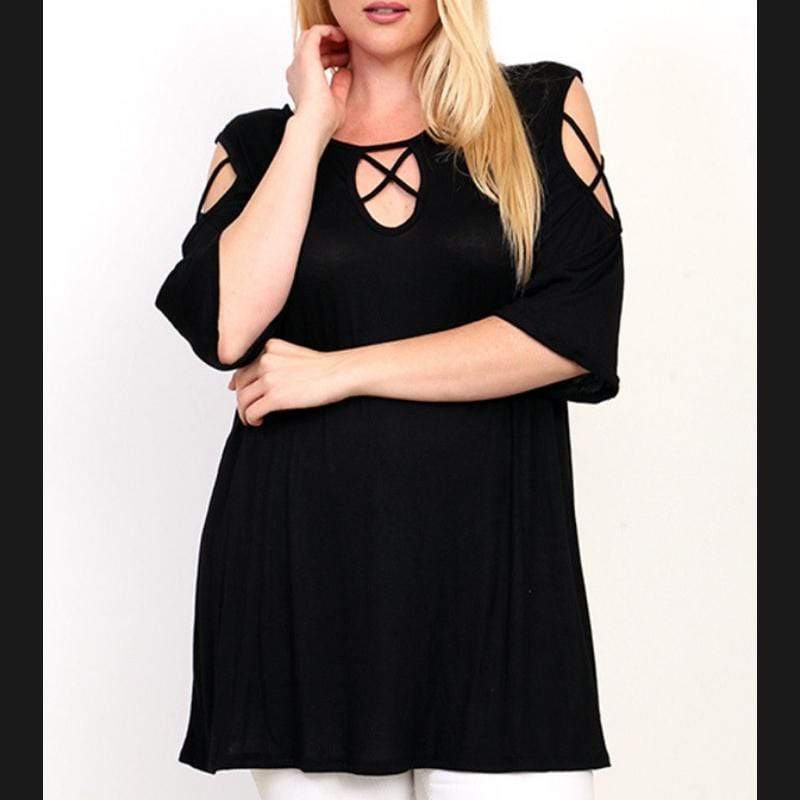 Solid Cutout With Crisscross Detail Tunic Top Black